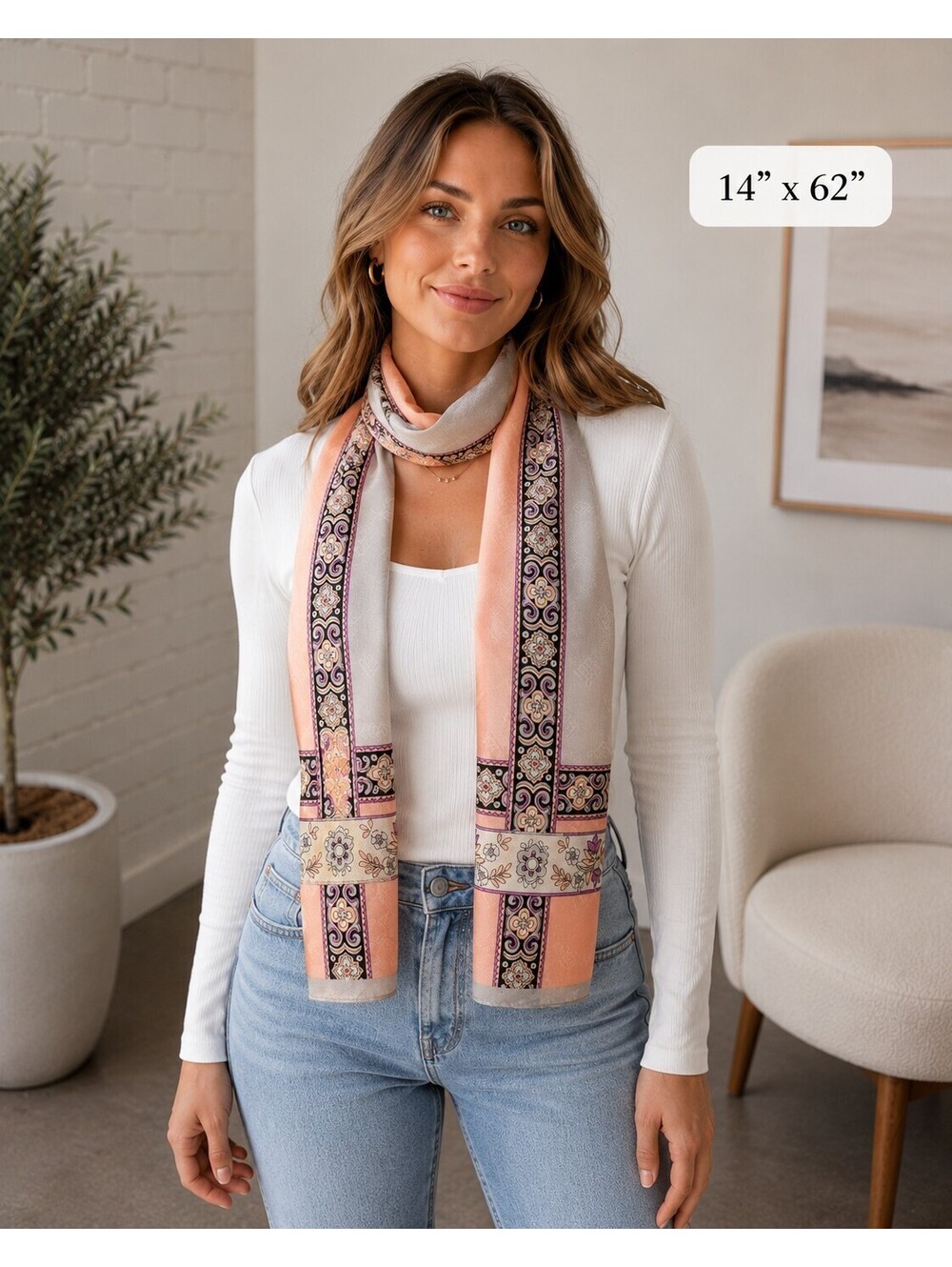 Adrienne Vittadini Silk Scarf Peach Gray Floral Geometric Oblong 14x62 Vintage - Picture 6 of 6